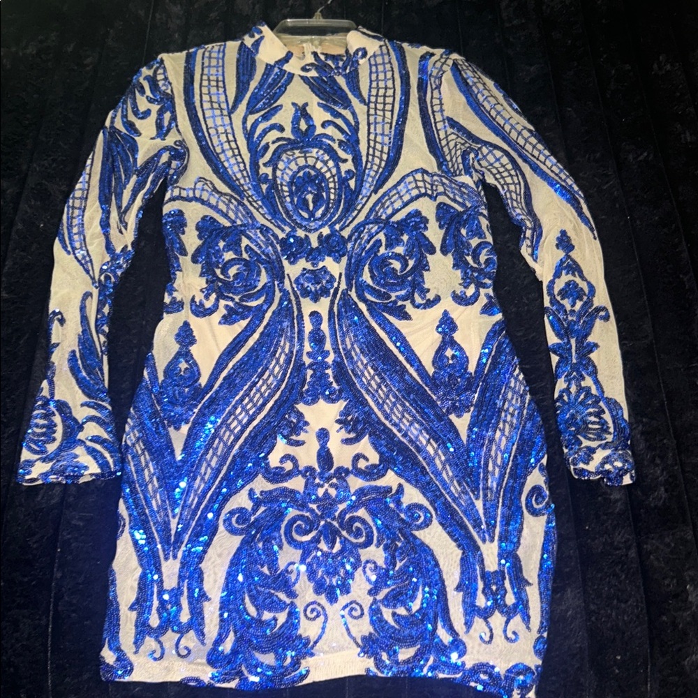Elegant Blue and White Sequin Dress